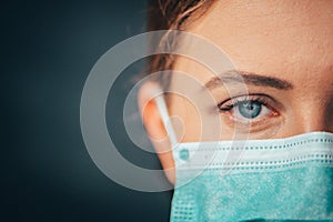 Close up portrait photo, Eye of Yong Female Doctor. Protection against contagious disease, coronavirus, hygienic face surgical