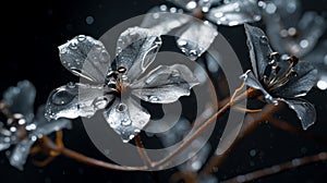 Silver Flowers With Water Droplets: A Hyperrealistic Nature-inspired Artwork photo