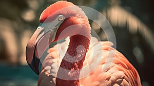 Close up portrait of pink American flamingo birds in the water