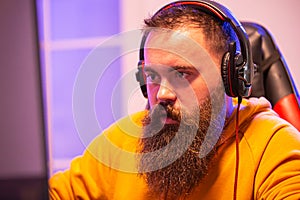 Close up portrait of professional bearded video gamer