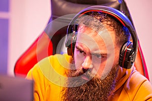 Close up portrait of professional bearded video gamer