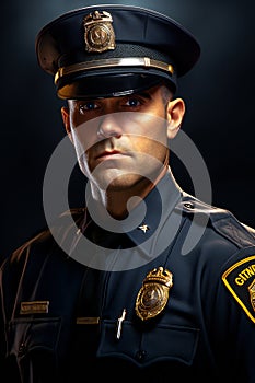 Close-up portrait of a professional police officer,  Studio shot