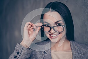 Close up portrait of qualified pretty with beaming smile clever