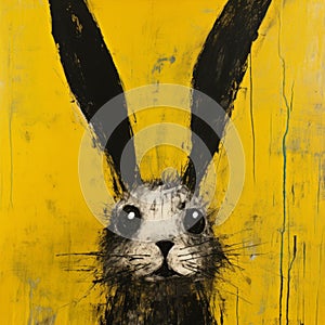 Happy Expressionism: Black Rabbit Painting On Yellow Background photo