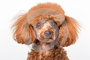 Close up portrait of red furred Poodle dog Isolated on white background