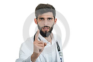 A close-up portrait of a rude, frustrated, upset doctor isolated on a white background