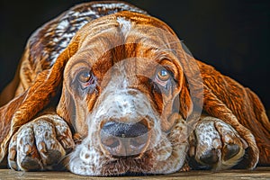 Close up Portrait of a Sad Basset Hound with Droopy Eyes and Ears Against a Dark Background photo