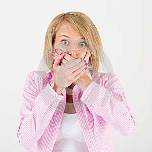 Close-up portrait of the scared woman.