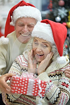 Close up portrait of senior couple celebrating Christmas