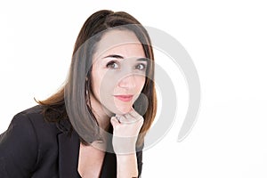 Close up portrait of serious confident businesswoman looking straight with blank copy space isolated on white background