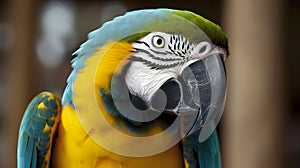 Close up portrait shot of beautiful blue yellow Macaw parrot bird head