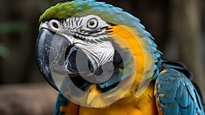 Close up portrait shot of beautiful blue yellow Macaw parrot bird head