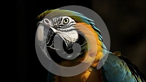 Close up portrait shot of beautiful blue yellow Macaw parrot bird head