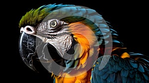 Close up portrait shot of beautiful blue yellow Macaw parrot bird head isolated on black