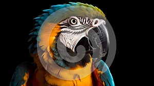 Close up portrait shot of beautiful blue yellow Macaw parrot bird head isolated on black