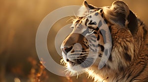 Close up portrait from side face ferocious carnivore tiger stare or looking straight forward at dessert savannah background
