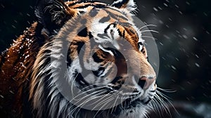 Close up portrait from side face ferocious carnivore tiger stare or looking straight forward at winter snow background