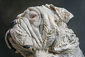 Close Up Portrait of a Single Shar Pei Dog with Wrinkled Skin Looking to the Side on a Dark Background