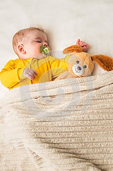 Close-up portrait of a sleeping baby in an embrace with a toy and a pacifier in his mouth. Vertical photo