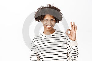 Close up portrait of smiling hispanic guy shows okay, ok sign, approves smth, recommends, stands over white studio