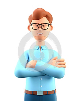 Close up portrait of smiling man with arms crossed. 3D illustration of cute cartoon businessman, isolated on white background