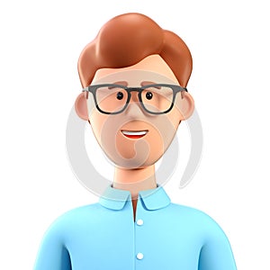 Close up portrait of smiling man with eyeglasses in blue shirt. 3D illustration of cartoon businessman character isolated on white