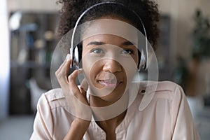 Portrait of smiling biracial woman talk on video call