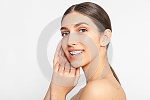 Close up portrait of Smiling Teen girl showing dental braces