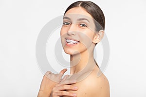 Close up portrait of Smiling Teen girl showing dental braces