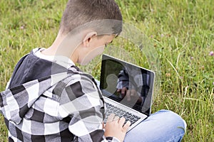 Cheerful teenager chatting on modern laptop