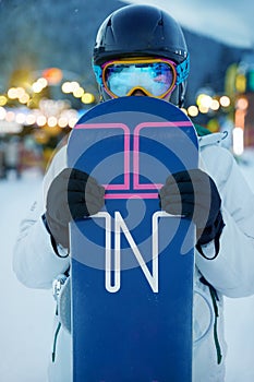 Close up Portrait of snowboarder in Carpathian Mountains,