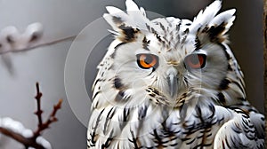 Close up portrait of a snowy owl with orange eyes and white feathers