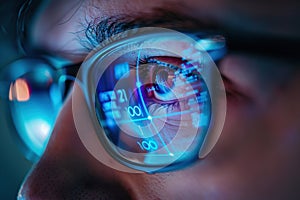Close-up portrait of software engineer\'s eyeglasses looking at computer screen with programming code reflecting in glasses. Ai