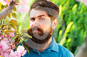 Close up portrait of spring man. Facial portrait of beautiful male model. Bearded man in light dress looking at camera