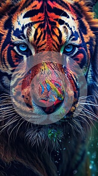 Close-Up Portrait A Strong Bengal Tiger Looking Front in Forest Selective Focus Background