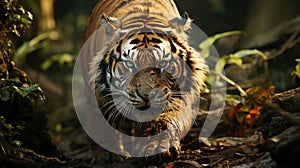 Close-Up Portrait A Strong Hunting Bengal Tiger Selective Focus Background