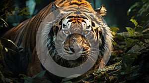 Close-Up Portrait A Strong Hunting Bengal Tiger Selective Focus Background