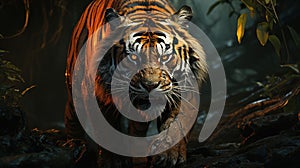 Close-Up Portrait A Strong Hunting Bengal Tiger Selective Focus Background