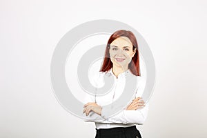 Close up portrait of successful young business woman posing and showing emotions on white background.