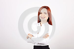 Close up portrait of successful young business woman posing and showing emotions on white background.