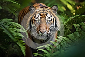 Close-up portrait of a Sumatran tiger Panthera tigris altaica in its natural habitat