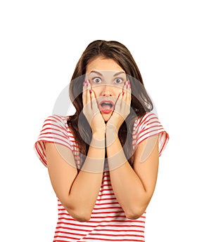 Close-up portrait of surprised beautiful girl holding her head in amazement and open-mouthed. emotional girl isolated on white bac