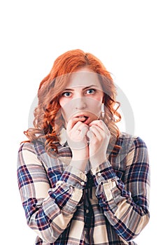 Close-up portrait of surprised beautiful girl. Over white background.