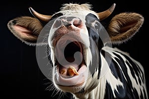 Close-up portrait of surprised cow on the pasture. Funny animal photo. Surprise expression and opened mouth