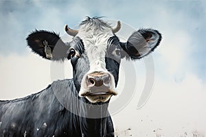 Close-up portrait of surprised cow on the pasture. Funny animal photo. Surprise expression and opened mouth