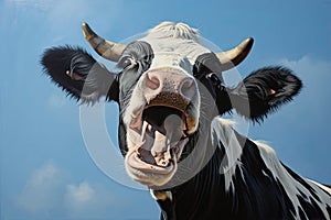 Close-up portrait of surprised cow on the pasture. Funny animal photo. Surprise expression and opened mouth