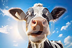 Close-up portrait of surprised cow on the pasture. Funny animal photo. Surprise expression and opened mouth