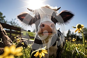 Close-up portrait of surprised cow on the pasture. Funny animal photo. Surprise expression and opened mouth