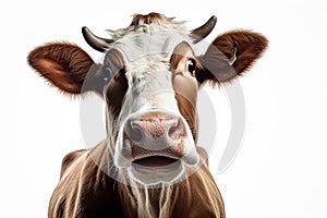 Close-up portrait of surprised cow on the pasture. Funny animal photo. Surprise expression and opened mouth