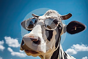 Close-up portrait of surprised cow on the pasture. Funny animal photo. Surprise expression and opened mouth